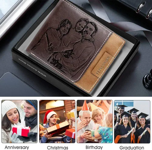 Miniatura 7 de Amlion Carteras personalizadas, cartera de piel grabada para fotos, para hombres, papá, marido, Rojo Marrón, Minimalista