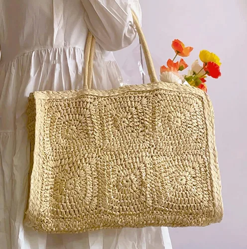 Miniatura 7 de Bolso vintage de paja tejida a mano, estilo bohemio, grande, con pajilla, elegante, casual, bolsa de hombro, bolsa de vacaciones de ratán