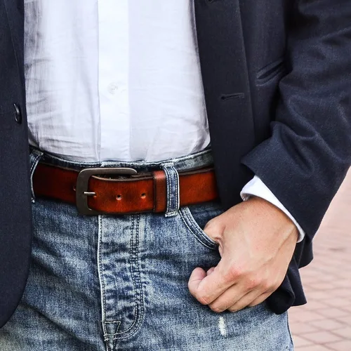 Miniatura 6 de PUZO Cinturón de cuero de grano completo de 1.496in de ancho para hombre