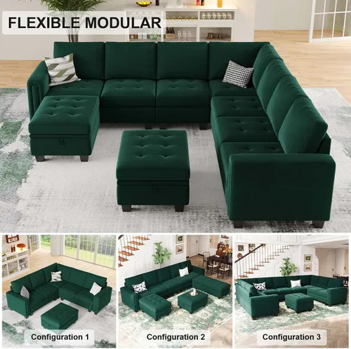 Miniatura 6 de Belffin Sofá modular de terciopelo en forma de L, sofá seccional convertible de gran tamaño con diván reversible para sala de estar, verde