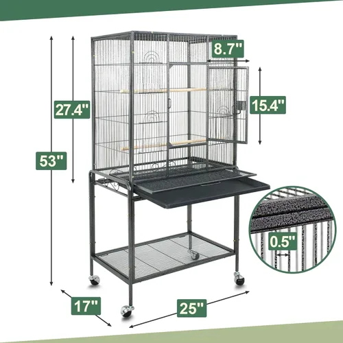 Miniatura 6 de ZENY Jaula de vuelo para pájaros de 53 pulgadas, de hierro forjado, grande con soporte rodante para cacatúas, loros, periquitos, agapornis, Negro