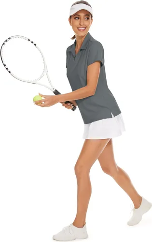 Miniatura 7 de MAGCOMSEN Camisas de golf para mujer, manga corta, cuello polo, cuello en V, secado rápido, protección solar UPF 50+