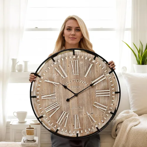 Miniatura 10 de EMAX HOME Reloj de pared grande de granja de 20 pulgadas, cara de grano de madera envejecida negra rústica con números romanos blancos, movimiento