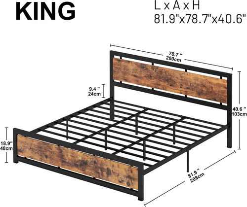Miniatura 2 de Base de cama king LIKIMIO con cabecera y pie de cama, soportes metálicos resistentes, fácil montaje, libre de ruidos, no necesita somier