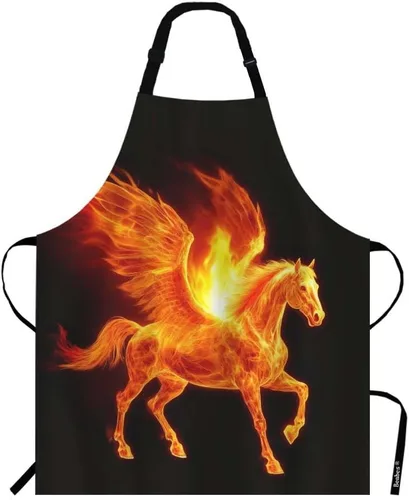 Delantal de cocina de Pegaso de fuego, diseño abstracto, fantasía, animal, ala, quemar, llama brillante, galope, babero para cocinero, restaurante,
