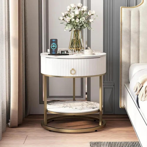 Miniatura 9 de OIOG Mesa auxiliar redonda con cajón, mesita de noche de 2 niveles con estante, mesa auxiliar moderna con patas doradas para sala de estar, Dorado