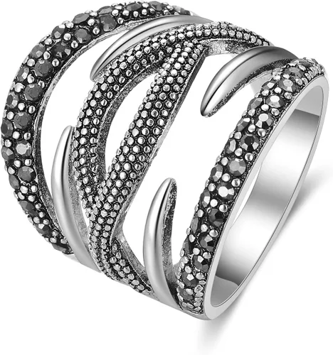 Aprilery Anillos negros para mujer, diseño vintage de promesa de boda, banda de marcasita, disfraz de cóctel, joyería hipoalergénica para mujer,
