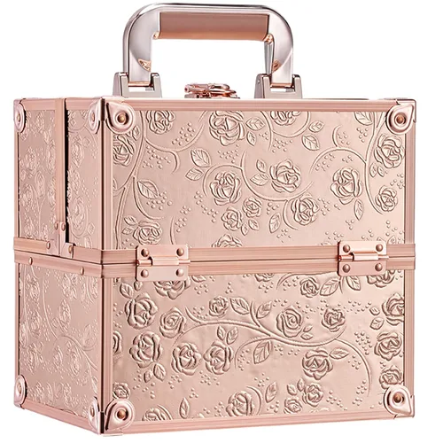 Miniatura 11 de FRENESSA Estuche de Tren para Maquillaje, Caja Organizadora de Cosméticos Portátil con Candado, Estuche de Viaje para Maquillaje con 4 Bandejas