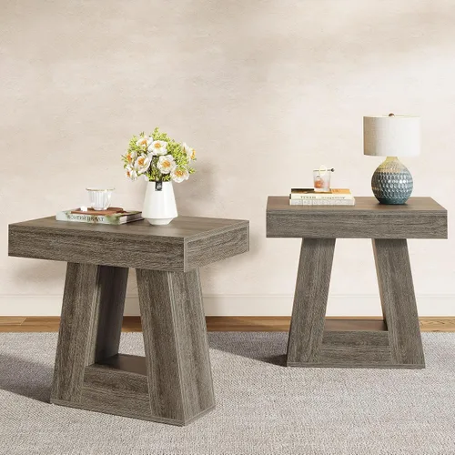Miniatura 13 de Tribesigns Mesa auxiliar moderna de 24 pulgadas, mesa auxiliar de madera estrecha de 2 niveles con base trapezoidal, mesita de noche pequeña