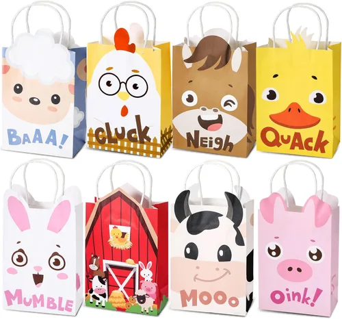 Tallew Paquete de 24 bolsas de recuerdos de fiesta de animales de granja con asas, bolsas de regalo de granjero de granja, bolsas de regalo de papel