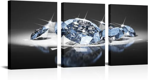 Biuteawal Arte de pared blanco y negro de 3 paneles, diamantes de lujo sobre fondo negro, impresión sobre lienzo, pintura de moda, decoración del