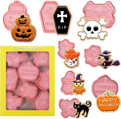 Cortadores de galletas de Halloween, 8 sellos de galletas con linda calabaza, fantasma, gato, cráneo, búho, bruja y ataúd, impresión 3D mini para