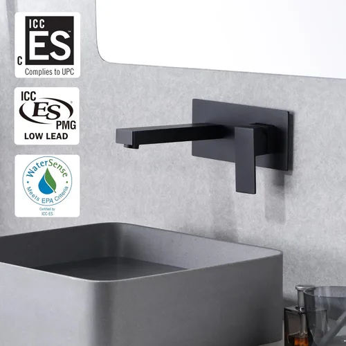Miniatura 2 de SUMERAIN Grifo de lavabo de baño de montaje en pared negro mate, grifo para lavabo/vasija, válvula de latón de instalación preliminar incluida