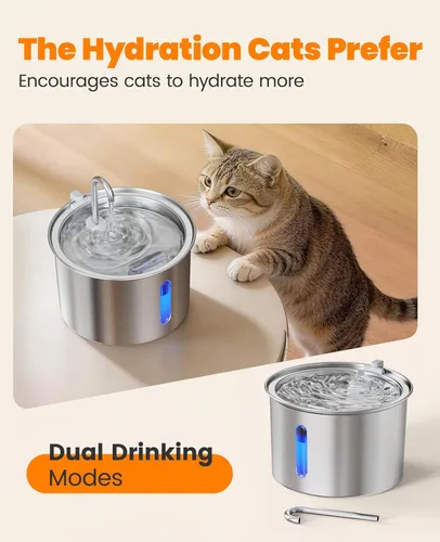 Miniatura 7 de oneisall Fuente de agua para gatos de acero inoxidable, fuentes de agua de 2 litros para gatos en interiores con bomba silenciosa y 3 filtros