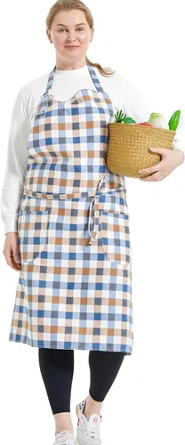 Miniatura 28 de Delantales de algodón y lino para hornear, talla grande, para mujer, con bolsillos, cocina