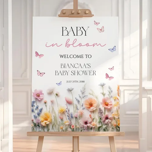 Letrero de bienvenida editable de flores silvestres para baby shower, letrero de mariposa para baby shower, letrero con nombre personalizado para