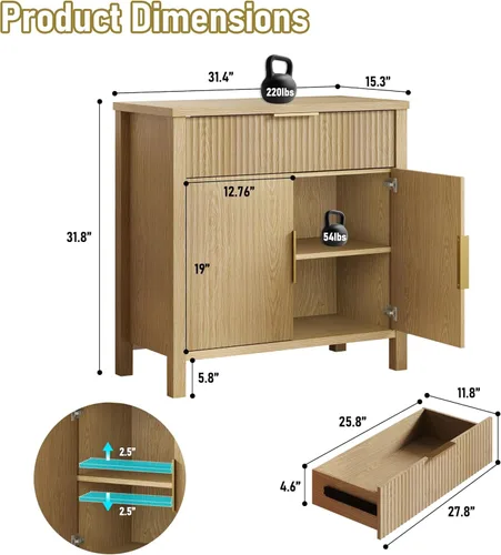 Miniatura 2 de Aparador acanalado de 55 pulgadas con cajones, gran almacenamiento para bufé, 4 puertas y 2 cajones, mesa de consola de café, para comedor, cocina