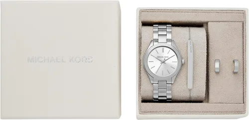 Miniatura 4 de Michael Kors Set de regalo de reloj de pulsera de acero inoxidable de tres manecillas Slim Runway para mujer (Modelo: MK7563SET)