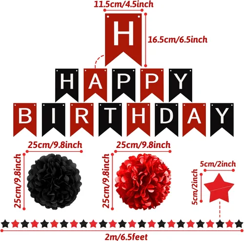 Miniatura 3 de Decoraciones de cumpleaños negro y rojo – Cartel de feliz cumpleaños para niños, niñas, hombres y mujeres, suministros de fiesta