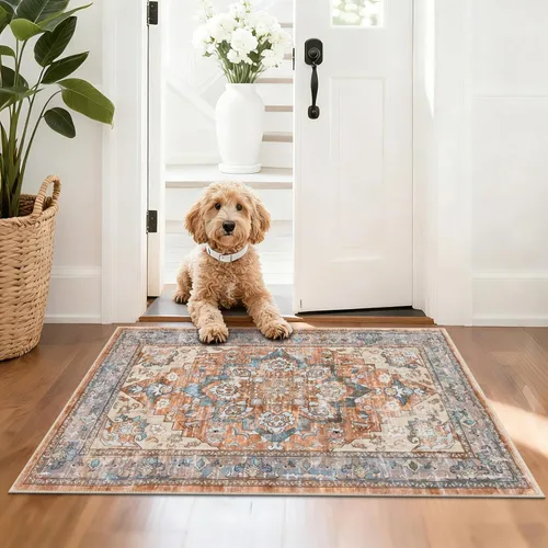 Miniatura 19 de Bsmathom Alfombra de pasillo para pasillos, antideslizante, lavable, estilo bohemio, 2 x 6 pies, alfombra de pelo bajo, alfombra vintage para Rojo
