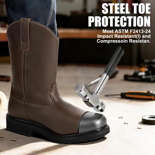 Miniatura 3 de Botas de trabajo con punta de acero para hombre, a prueba de pinchazos con suela media de EVA, GoodyearWelt, cuero de grano completo, resistente al