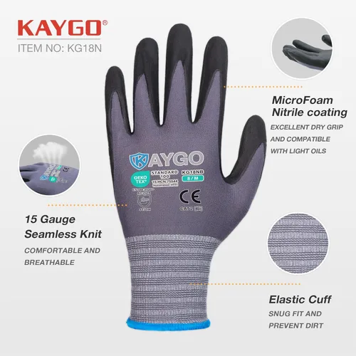 Miniatura 2 de KAYGO Guantes de trabajo de seguridad con revestimiento de microespuma de nitrilo, 12 pares KG18NB, guantes de nailon de punto sin costuras para Gris