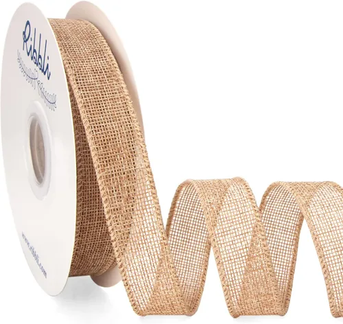 Ribbli Cinta de arpillera natural con alambre, 1 pulgada x 20 yardas continuas, cinta de borde con alambre para coronas, lazos grandes, decoración