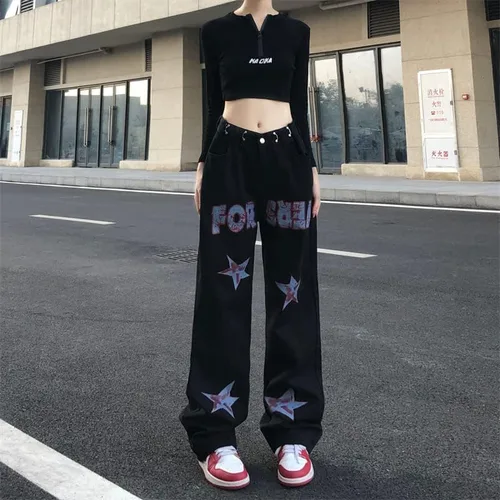 Miniatura 3 de CYee Jeans de cintura alta para mujer, pantalones altos con estampado de estrellas, pantalones Grunge, pantalones holgados y estéticos para la calle