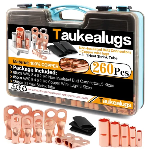 Kit de 260 terminales de anillo de batería AWG8 de calibre 4 6 2 1/0 y conectores a tope no aislados, 65 lengüetas de férula de crimpado sin