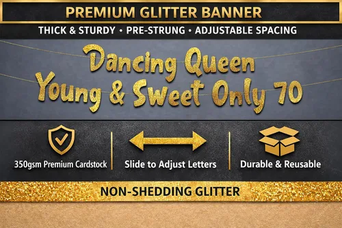 Miniatura 8 de Cartel con purpurina dorada preencordada con la reina bailarina Young & Sweet Only 70 – Decoraciones de cumpleaños 70 para hombres y mujeres