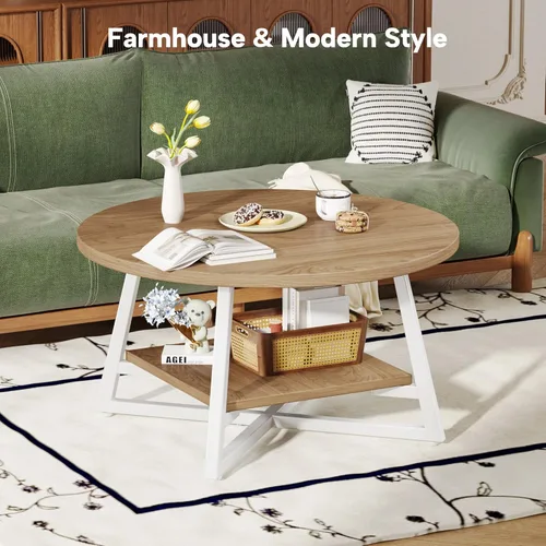 Miniatura 4 de Mesa de Café para Sala de Estar, Mesa de Café Redonda, Mesa de Café Pequeña Circular con Almacenamiento, Mesa Central Redonda Moderna de Madera
