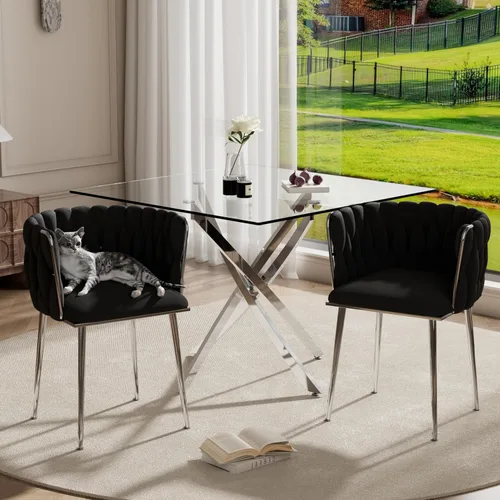 RGZ Juego de mesa de cocina cuadrada minimalista moderna de 3 piezas, mesa de comedor de vidrio transparente con sillas tejidas negras, juego de 2,