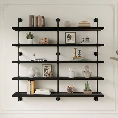 Miniatura 44 de HDDFER - Estantería industrial para tuberías rústicas en blanco, estantes de pared de tubería industrial con tablas de madera, estantes flotantes