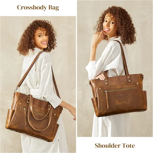 Miniatura 2 de S-ZONE Bolso de mano de cuero genuino para mujer, bolso de hombro grande, bolso de trabajo cruzado vintage