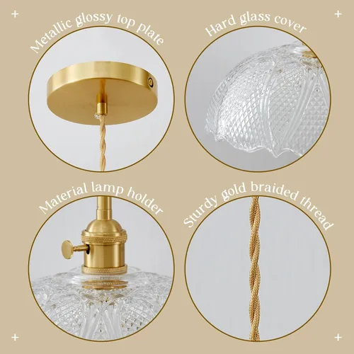 Miniatura 6 de Lámpara colgante, 9.8 pulgadas, luces colgantes para isla de cocina, cable trenzado, lámpara colgante de flores, lámpara colgante vintage, lámpara