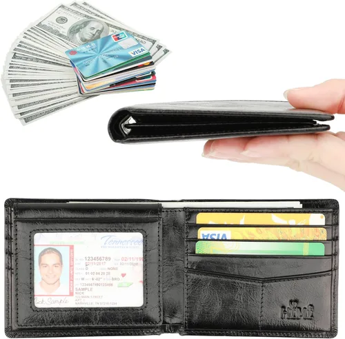 Miniatura 2 de Cartera para hombre-Cuero Genuino RFID Bloqueo Billetera Bifold Elegante Con Ventana 2 ID
