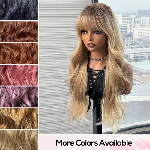 Miniatura 5 de topshe Peluca ondulada de color rubio ceniza con flequillo, cabello sintético resistente al calor para mujeres, capas de mariposa preestilizadas