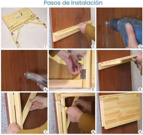Miniatura 6 de MM MELISEN Mesa plegable de madera maciza para montar en pared, natural, 23.6 pulgadas de profundidad x 15.7 pulgadas de ancho. Un escritorio