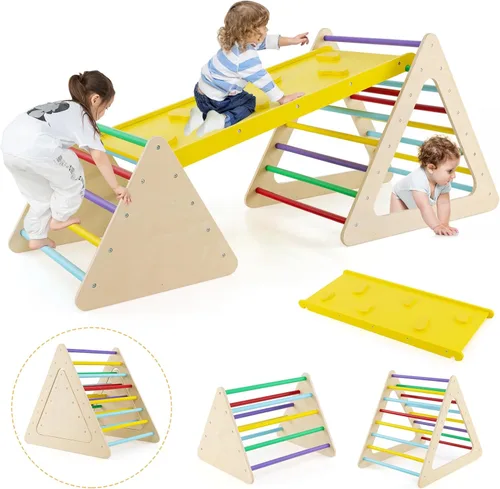 HONEY JOY Pikler - Juego de triángulos 5 en 1 Montessori de madera con 2 escaleras apilables y rampa de escalada, 3 piezas para bebé, parque