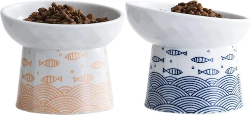 Cuencos elevados de cerámica para gatos, juego de cuencos elevados inclinados para comida y agua, plato de porcelana libre de estrés para gatos y