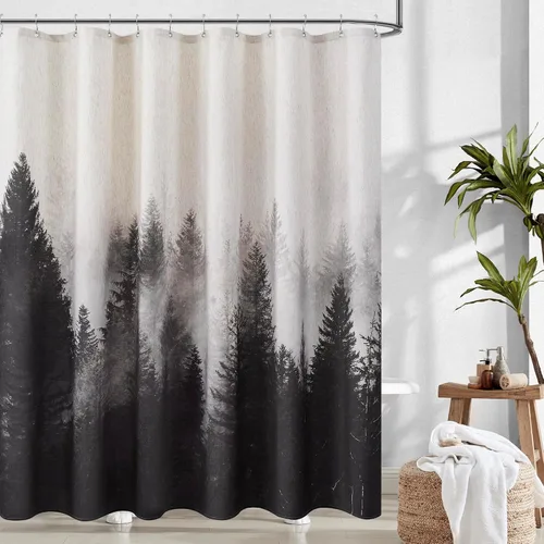 Miniatura 11 de ORTIGIA Cortina de ducha con diseño de bosque de montaña, tela de lino de mezcla pesada, árbol natural negro, cortina de baño de bosque brumoso, 60