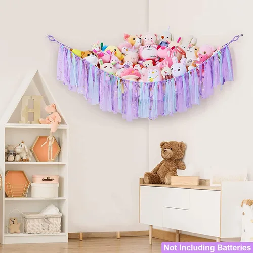 Miniatura 6 de Hamaca de almacenamiento de red de animales de peluche con luces LED, borlas coloridas, hamaca colgante de juguetes de peluche, organizador