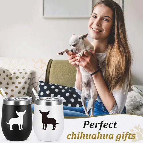 Miniatura 3 de Lifecapido Regalos de Chihuahua, Juego de 2 Vasos de Vino de Acero Inoxidable de 12oz con Silueta de Chihuahua, Regalos de Cumpleaños y Navidad