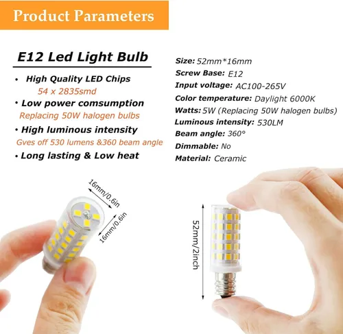 Miniatura 3 de Bombillas LED C7 E12 de 5 W, reemplazo E12 equivalente a halógeno de 50 W, luz diurna 6000 K, bombillas LED E12 para ventilador de techo