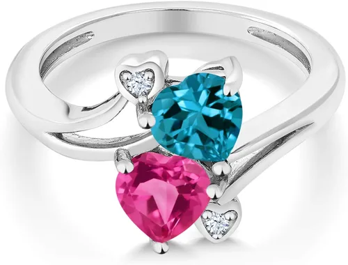 Miniatura 2 de Gem Stone King Anillo para mujer con forma de corazón de zafiro y topacio azul de Londres de oro blanco de 10 quilates