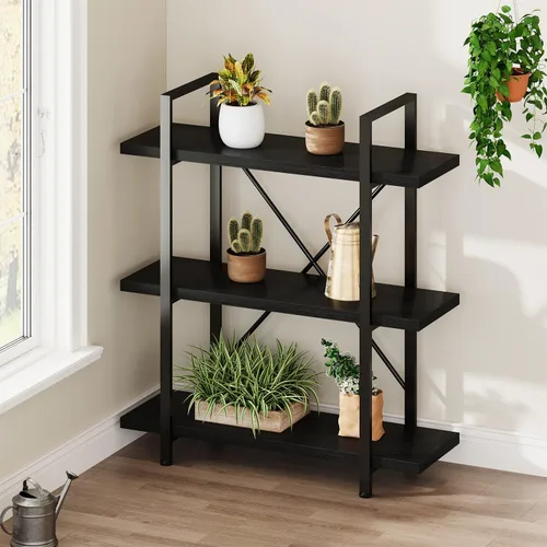 Miniatura 9 de HSH - Estantería de 3 niveles en negro, estanterías de almacenamiento pequeñas de metal y madera industriales, estanterías modernas abiertas de 3