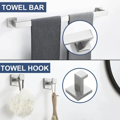 Miniatura 3 de Accesorios de baño de 5 piezas, níquel cepillado, toalleros de 24 pulgadas, juego de toalleros cuadrados de acero inoxidable, montado en la pared