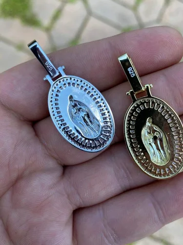 Miniatura 5 de Harlembling Plata de ley 925 maciza acabado de plata natural o oro de 14 quilates colgante de Virgen María para hombres o mujeres medallón