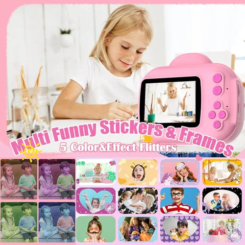 Miniatura 5 de Cámara para niños con impresión instantánea para niños, cámaras para niños pequeños, cámaras de video digitales HD 1080P, juguete de cámara Rosa