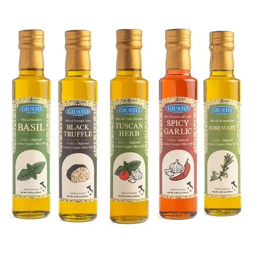 Giusto Sapore Juego de regalo de aceite de oliva infundido con albahaca, trufa negra, hierba toscana, ajo picante, romero, caja de regalo de 5